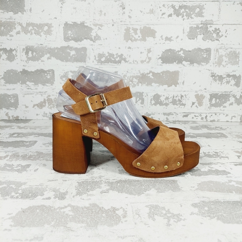 New Steve Madden Alabama Platform Suede Brown Strap Wooden Studded Sandals F659 - Picture 6 of 13
